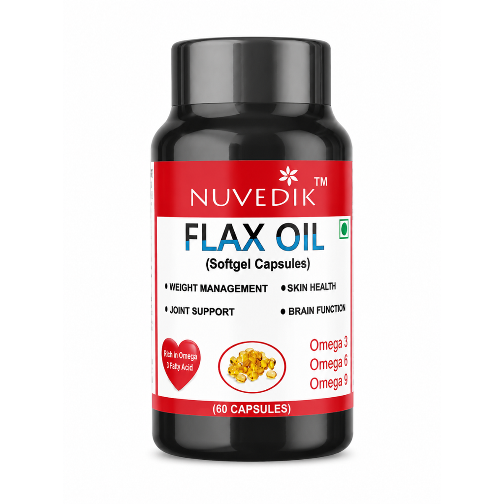 Nuvedik Flax Oil Omega 3 6 9 softgel capsules bottle front view